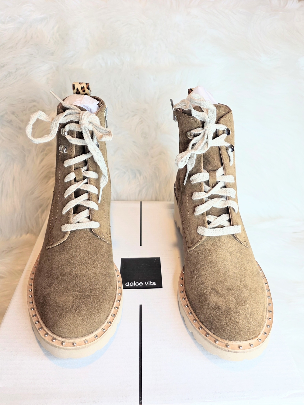 Dolce Vita Hinto Tan Suede Lace-Up Combat Boots Leopard Fur Back Strip Stud New